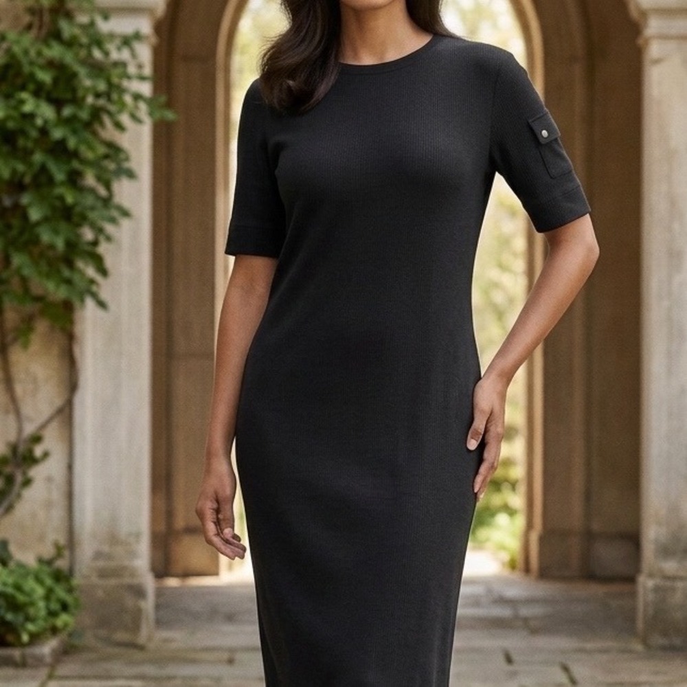 Vintage Lauren Ralph Lauren Black Ribbed Cotton Cargo Pocket Midi Dress XL - Picture 2 of 5